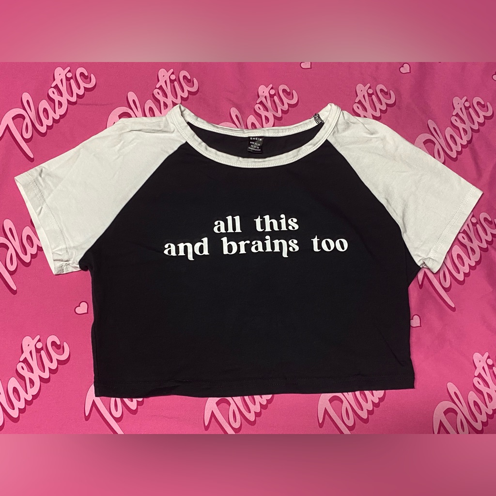 Euc Shein Crop Top Shirt All This & Brains Too Fashion Tshirt Black And White
